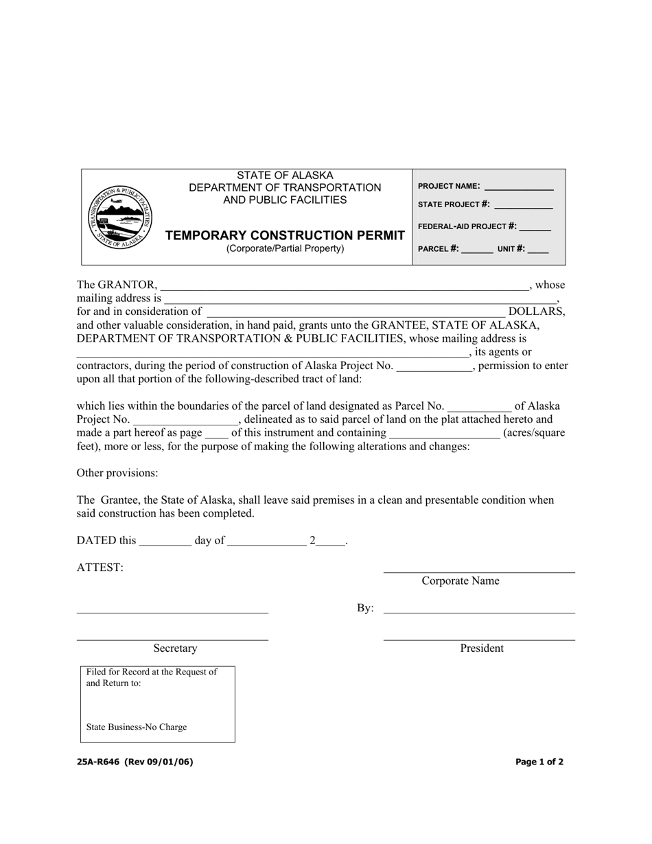 Form 25A-R646 Temporary Construction Permit (Corporate / Partial Property) - Alaska, Page 1