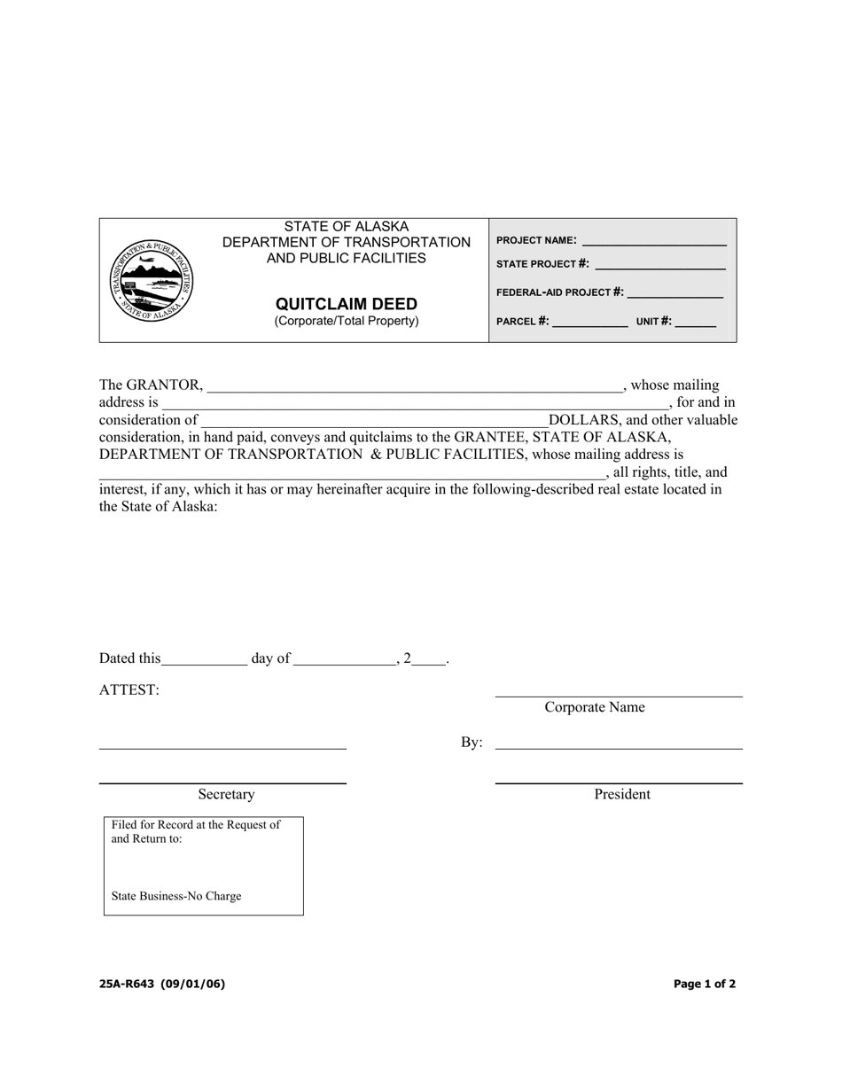 Form 25A-R643 Quitclaim Deed (Corporate / Total Property) - Alaska, Page 1