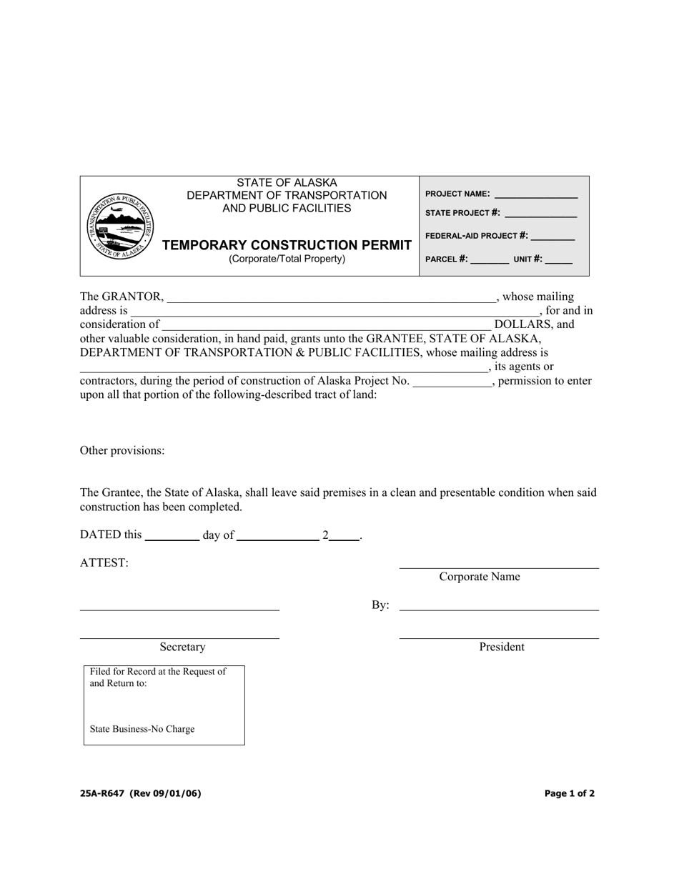 Form 25A-R647 Temporary Construction Permit (Corporate / Total Property) - Alaska, Page 1