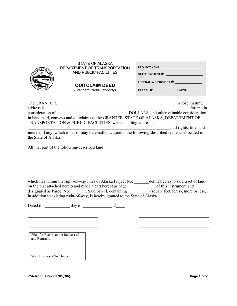 Form 25A-R635 Quitclaim Deed (Standard / Partial Property) - Alaska, Page 1