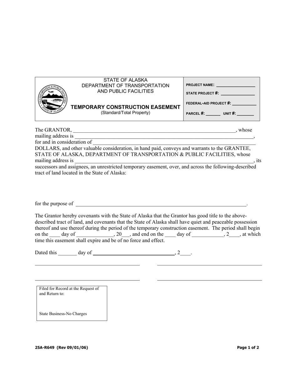 Form 25A-R649 Temporary Construction Easement (Standard / Total Property) - Alaska, Page 1