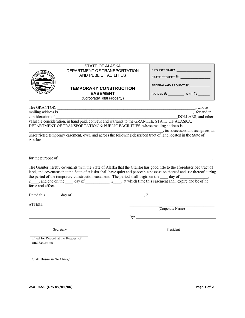 Form 25A-R651 Temporary Construction Easement (Corporate / Total Property) - Alaska, Page 1