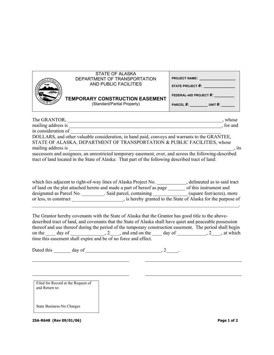 Form 25A-R648 Temporary Construction Easement (Standard / Partial Property) - Alaska, Page 1