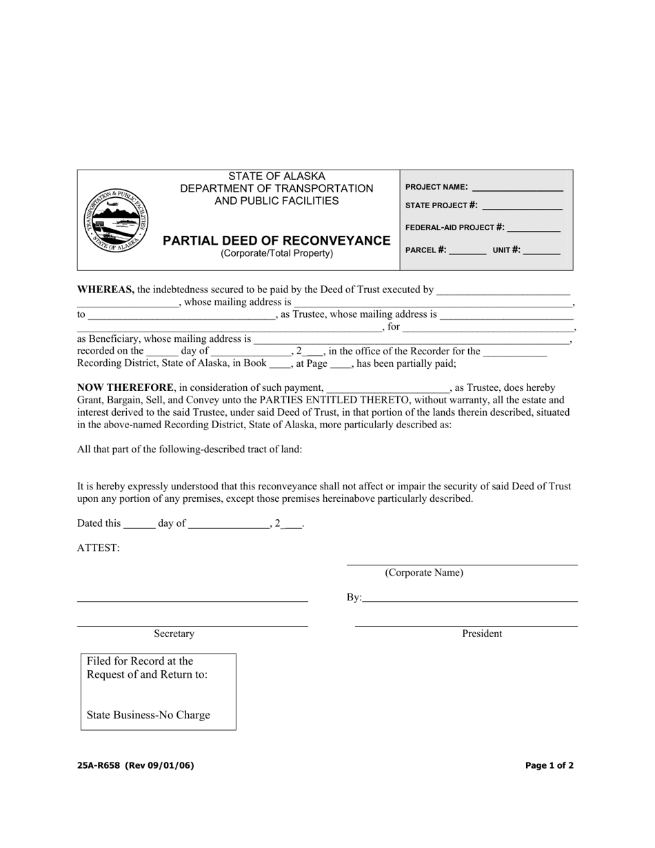 Form 25A-R658 Partial Deed of Reconveyance (Corporate / Total Property) - Alaska, Page 1
