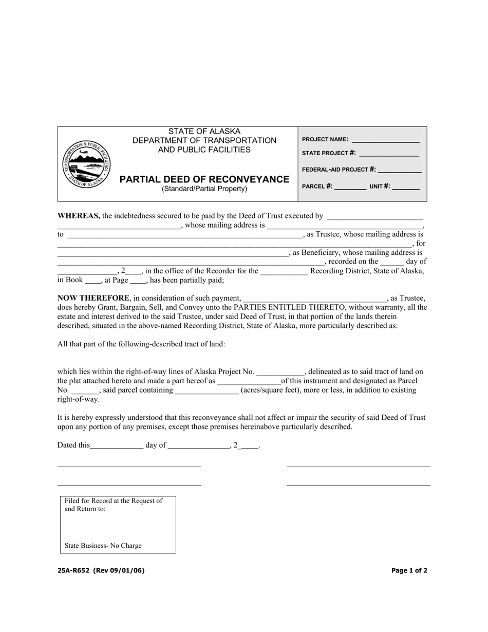 Form 25A-R652 Partial Deed of Reconveyance (Standard / Partial Property) - Alaska, Page 1