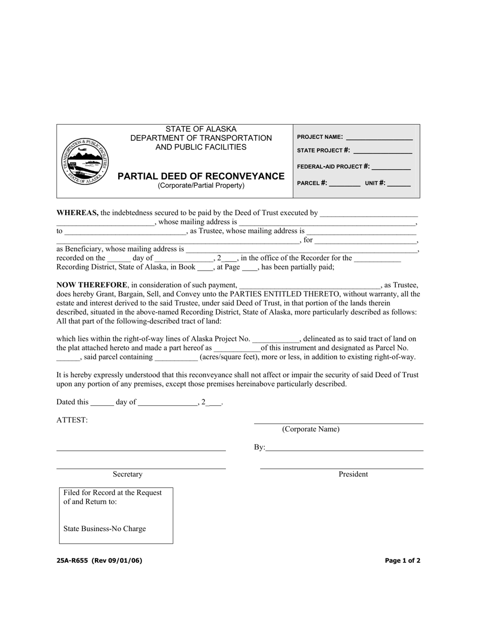 Form 25A-R655 Partial Deed of Reconveyance (Corporate / Partial Property) - Alaska, Page 1