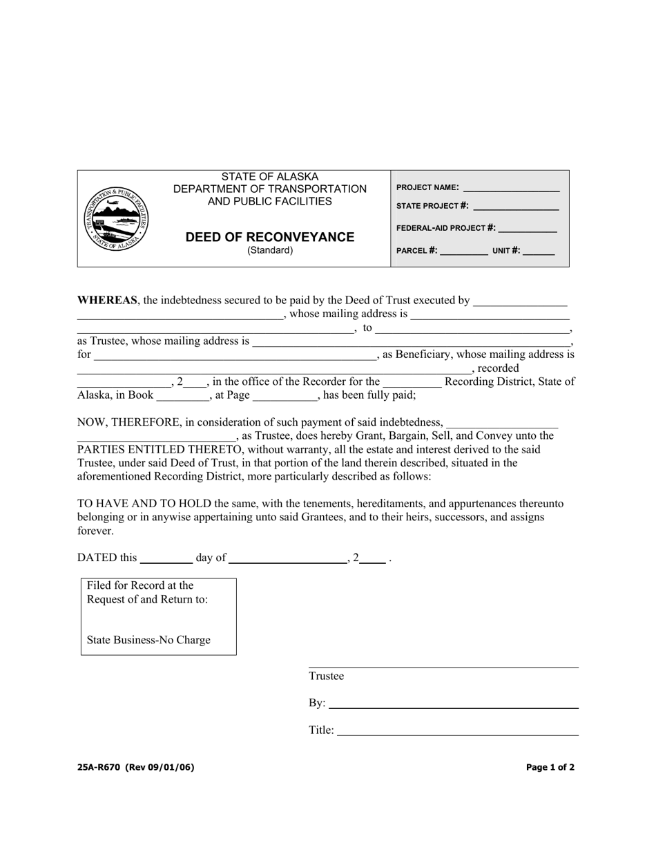 Form 25A-R670 Deed of Reconveyance (Standard) - Alaska, Page 1