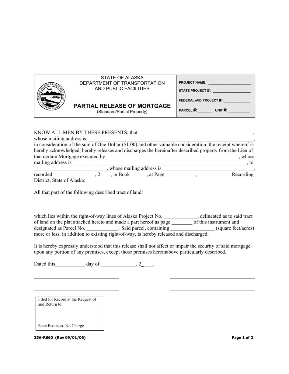 Form 25A-R660 Partial Release of Mortgage (Standard / Partial Property) - Alaska, Page 1