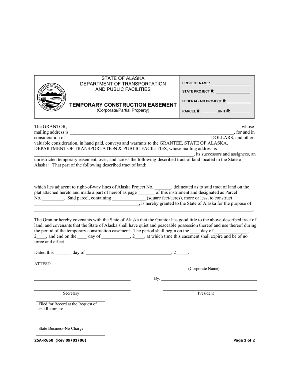 Form 25A-R650 Temporary Construction Easement (Corporate / Partial Property) - Alaska, Page 1