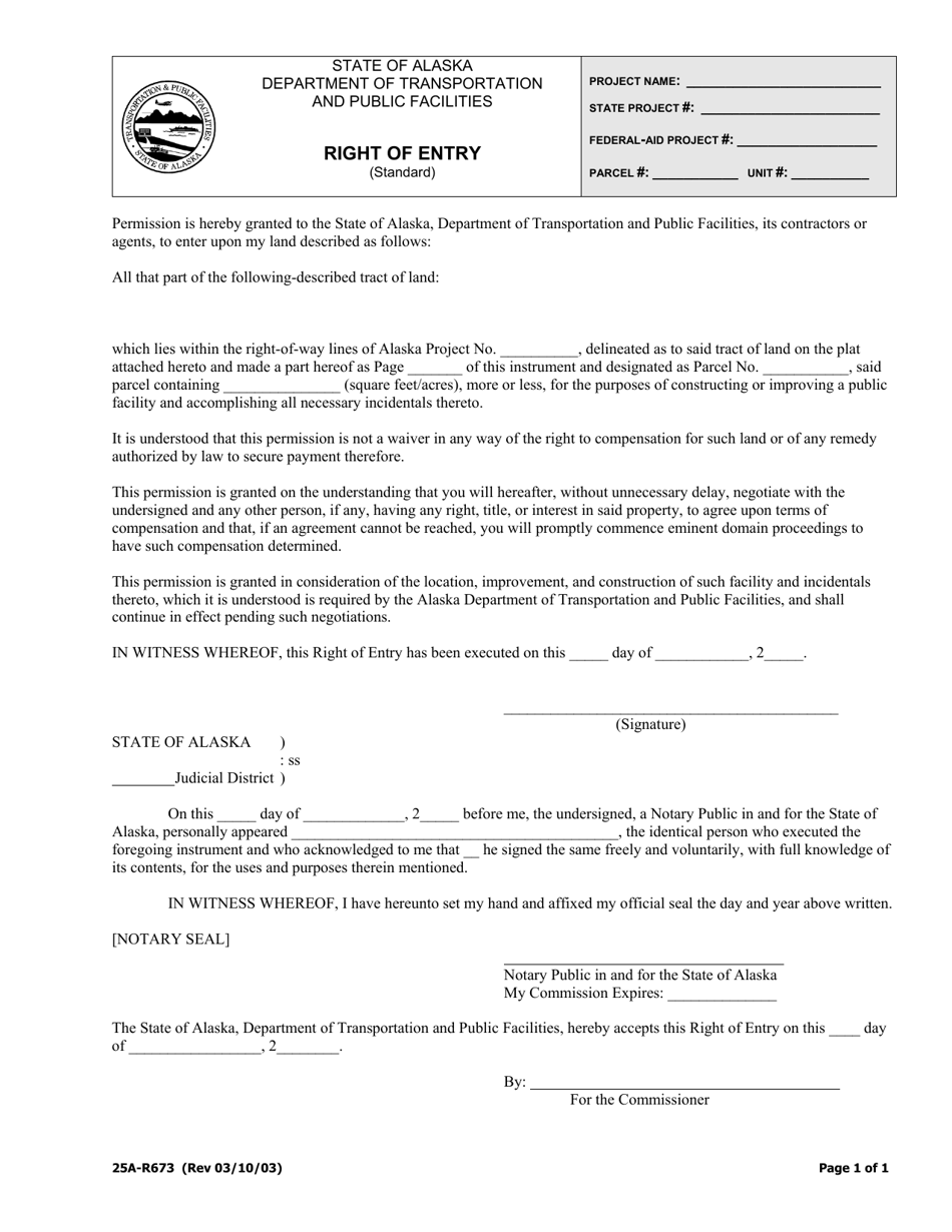 Form 25A-R673 Right of Entry (Standard) - Alaska, Page 1
