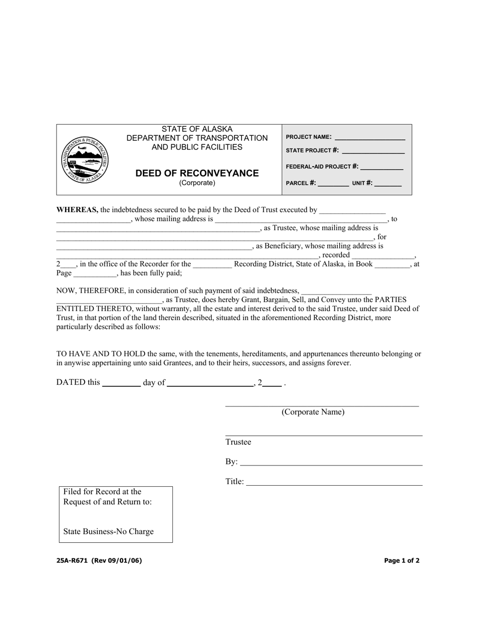 Form 25A-R671 Deed of Reconveyance (Corporate) - Alaska, Page 1