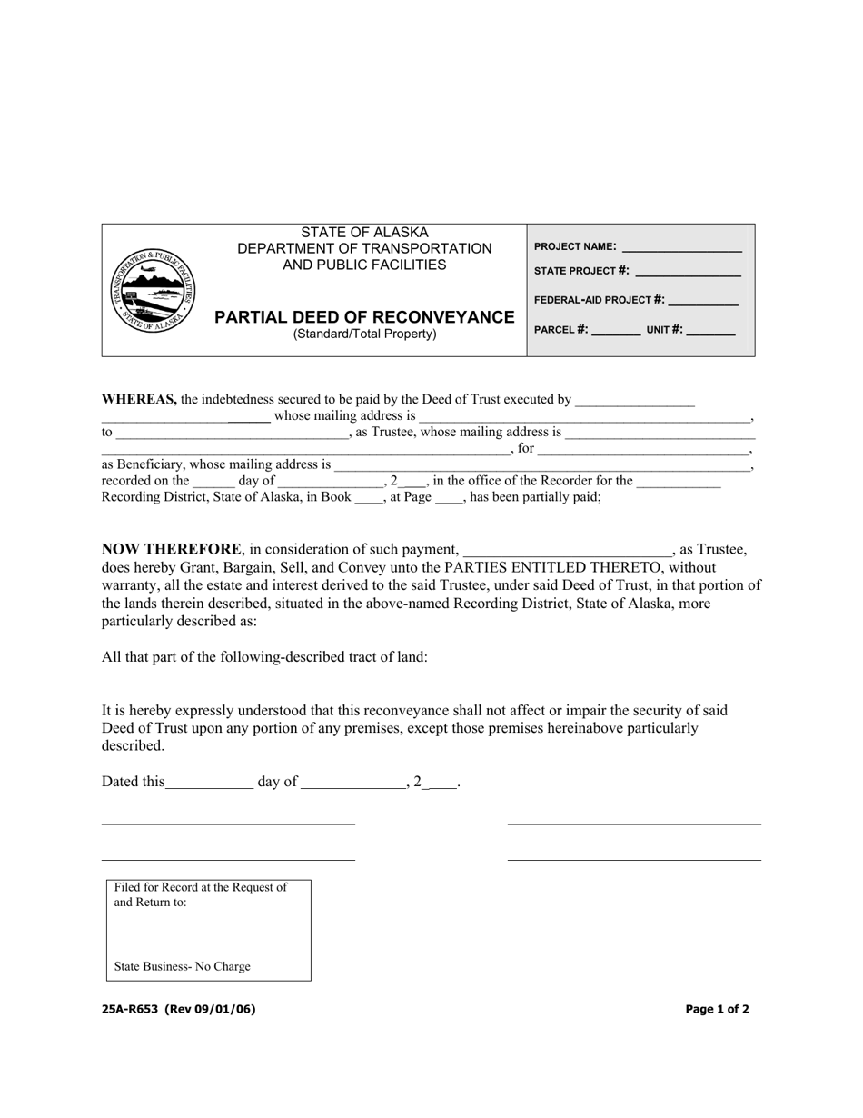Form 25A-R653 Partial Deed of Reconveyance (Standard / Total Property) - Alaska, Page 1