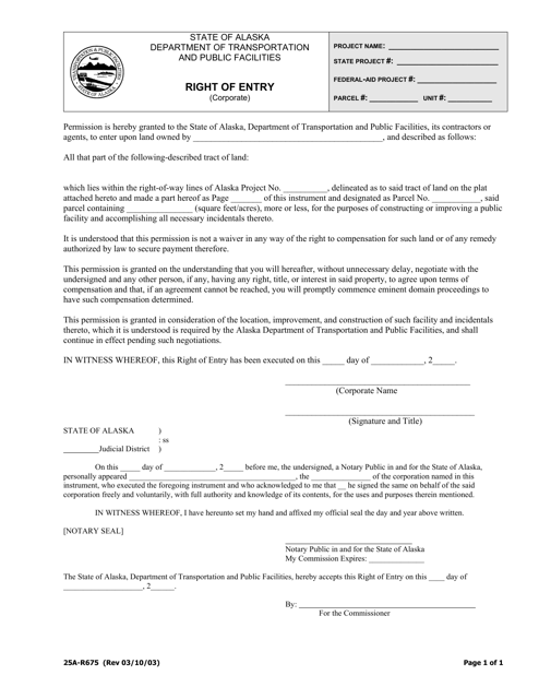 Form 25A-R675 Right of Entry (Corporate) - Alaska