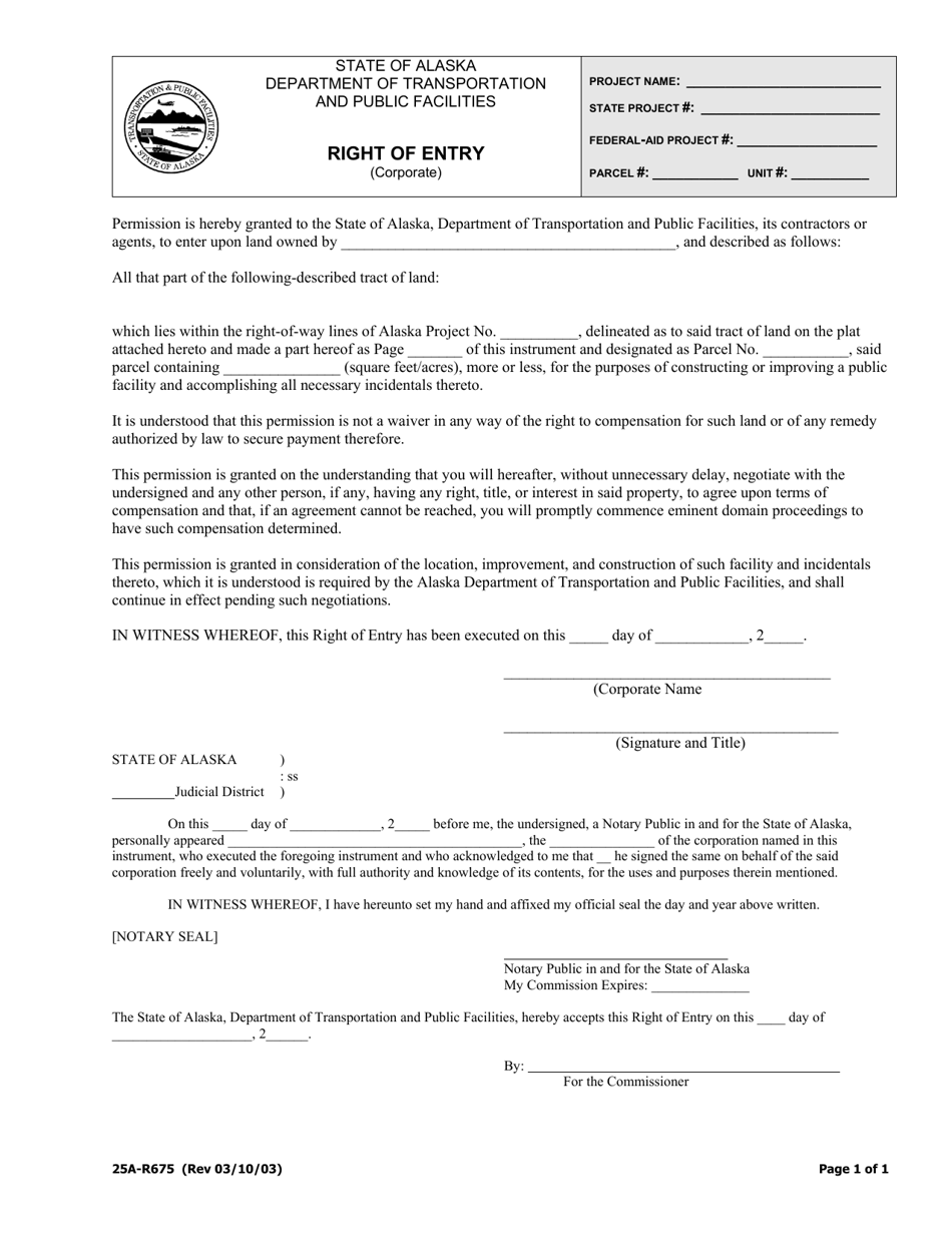 Form 25A-R675 Right of Entry (Corporate) - Alaska, Page 1