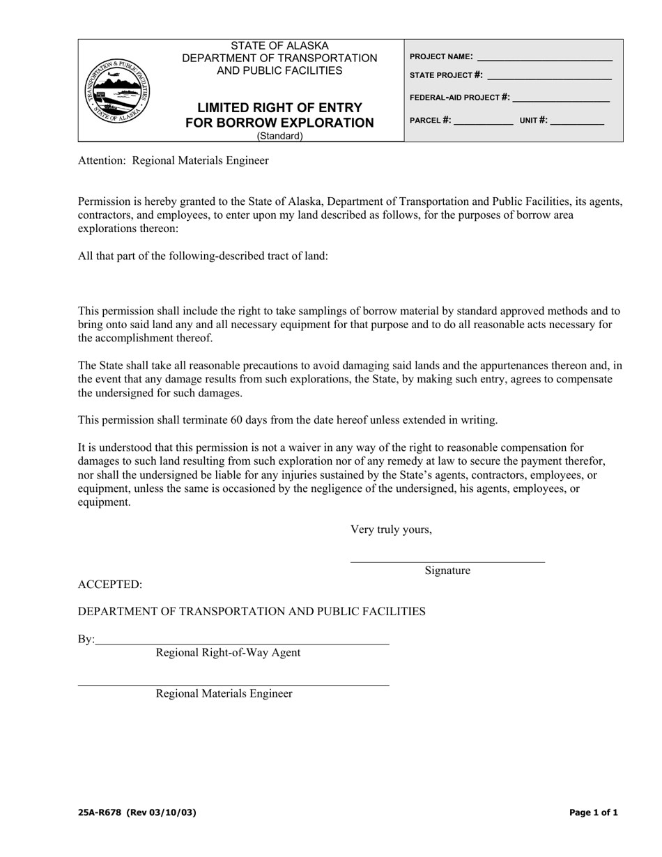 Form 25A-R678 Limited Right of Entry for Borrow Exploration (Standard) - Alaska, Page 1
