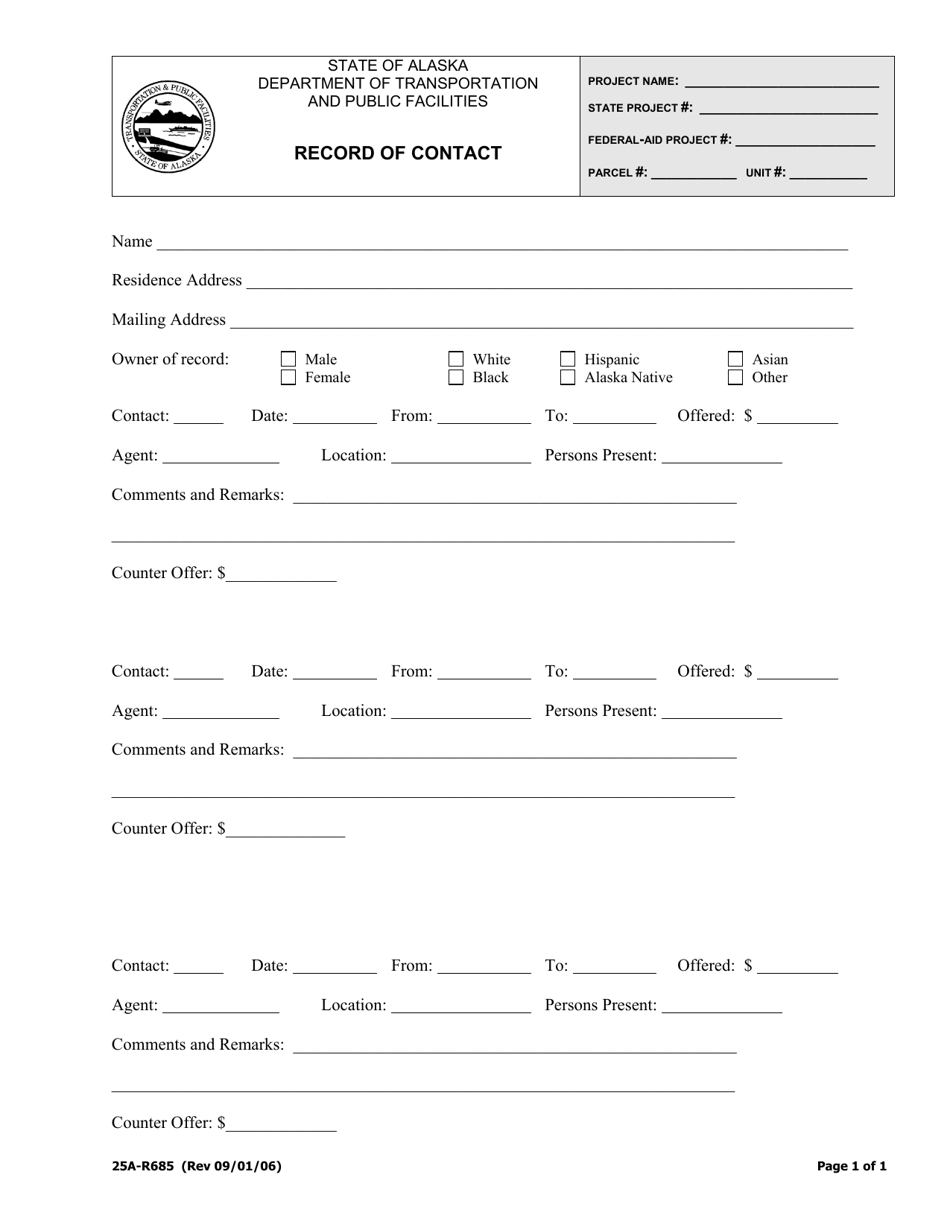 Form 25A-R685 Record of Contact - Alaska, Page 1