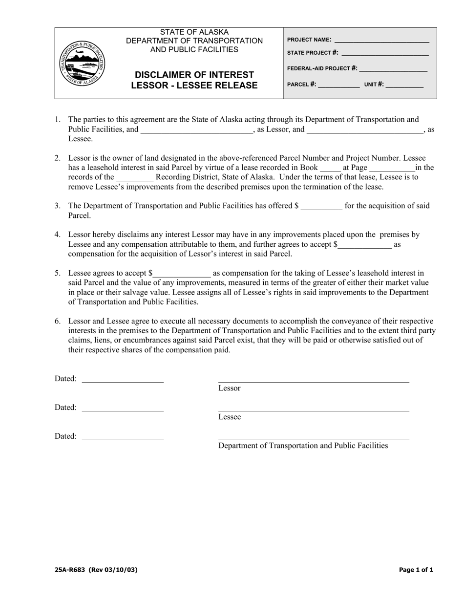 Form 25A-R683 Disclaimer of Interest Lessor - Lessee Release - Alaska, Page 1