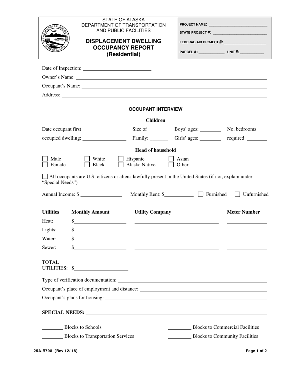 Form 25A-R708 Displacement Dwelling Occupancy Report (Residential) - Alaska, Page 1