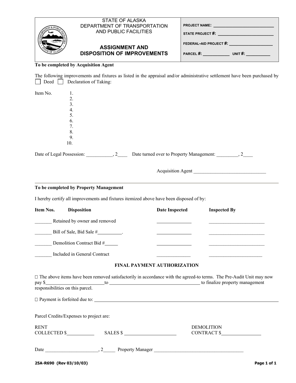 Form 25A-R690 Assignment and Disposition of Improvements - Alaska, Page 1
