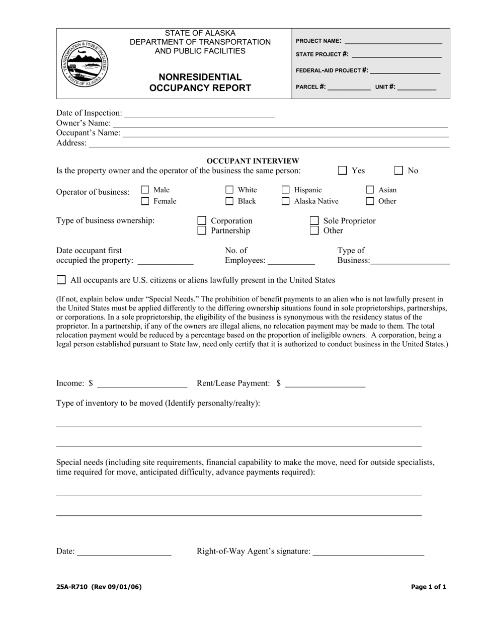 Form 25A-R710 Nonresidential Occupancy Report - Alaska, Page 1