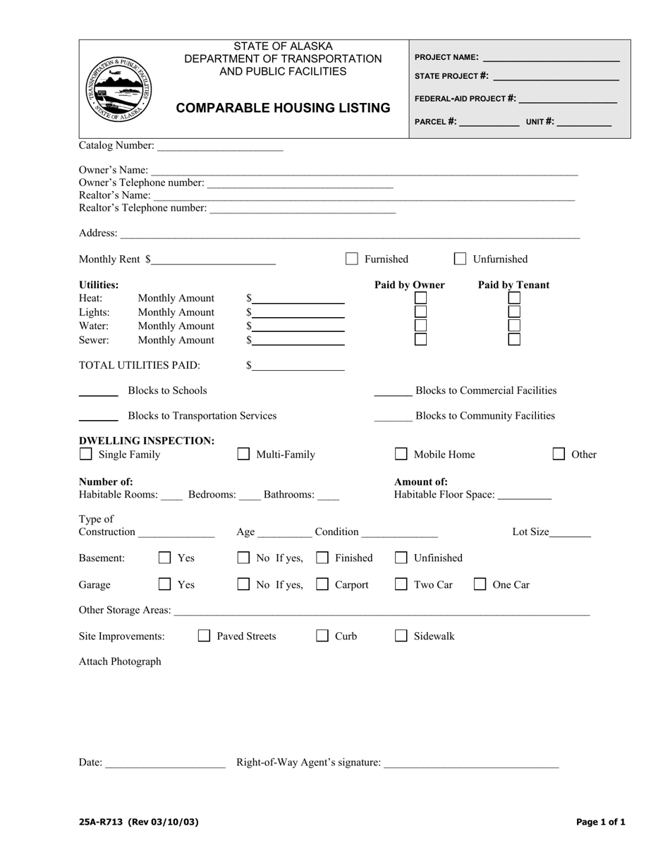 Form 25A-R713 Comparable Housing Listing - Alaska, Page 1