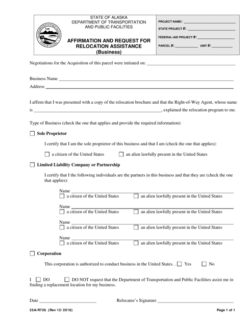 Form 25A-R726 Affirmation and Request for Relocation Assistance (Business) - Alaska
