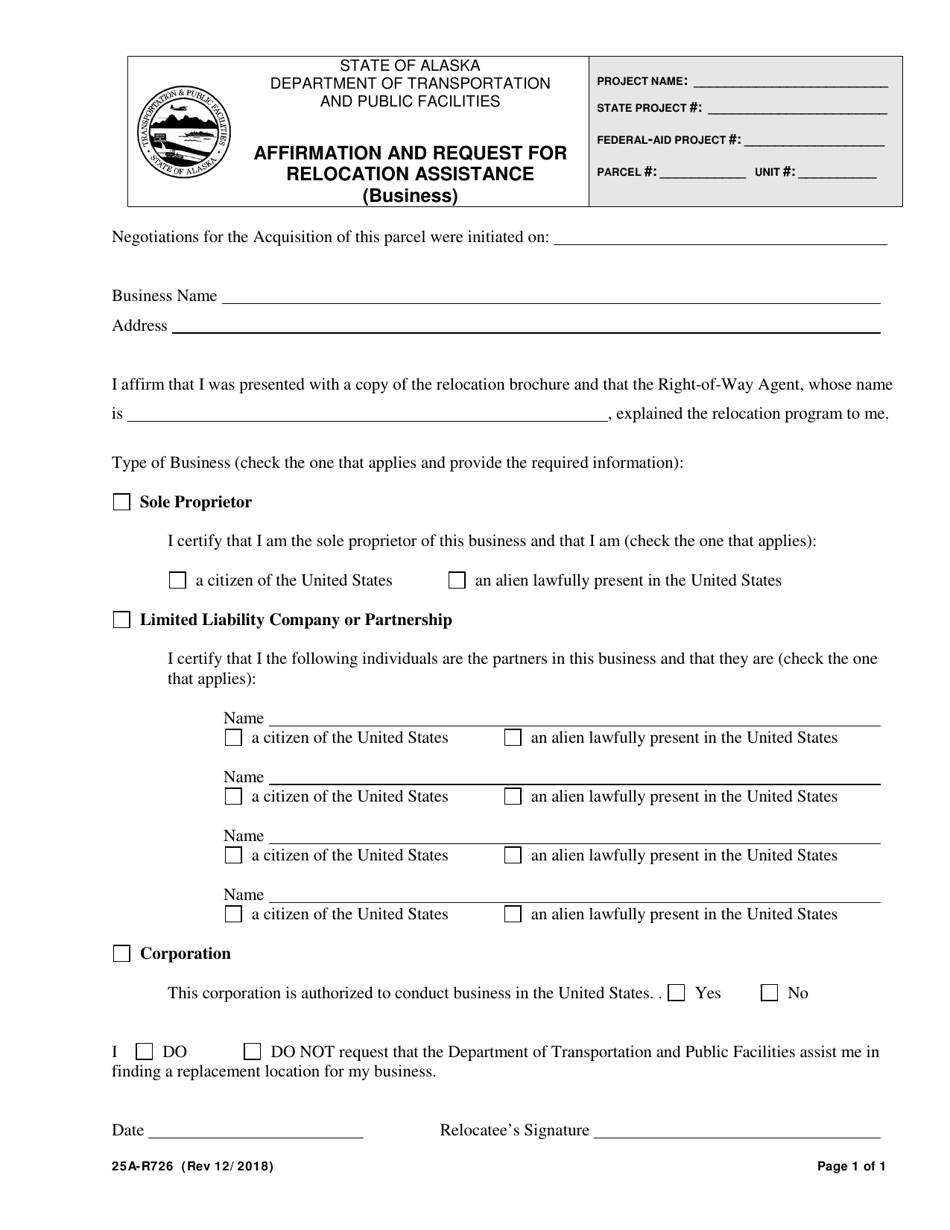 Form 25A-R726 Affirmation and Request for Relocation Assistance (Business) - Alaska, Page 1
