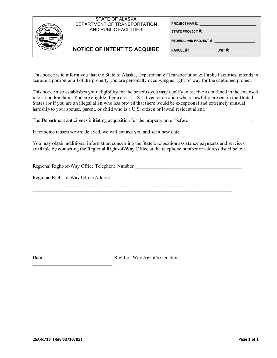 Form 25A-R715 Notice of Intent to Acquire - Alaska, Page 1