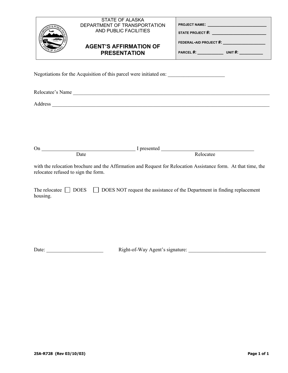 Form 25A-R728 Agents Affirmation of Presentation - Alaska, Page 1