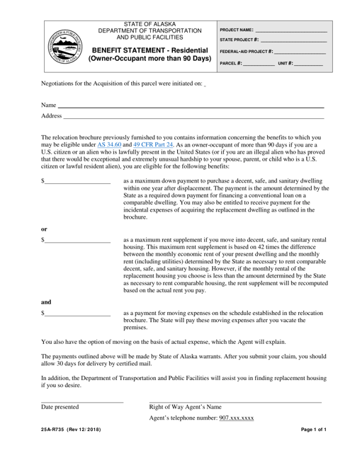 Form 25A-R735 Benefit Statement - Residential (Owner-Occupant More Than 90 Days) - Alaska