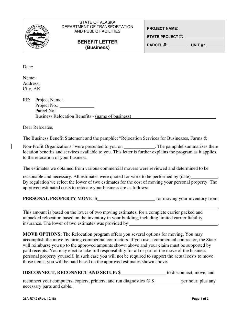 Form 25A-R742 Benefit Letter (Business) - Alaska, Page 1