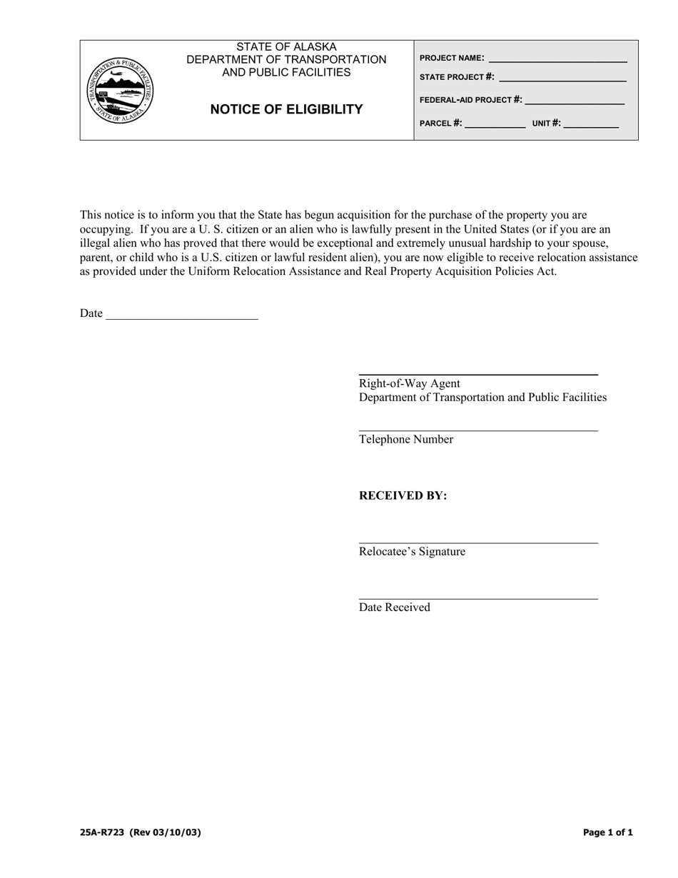 Form 25A-R723 Notice of Eligibility - Alaska, Page 1