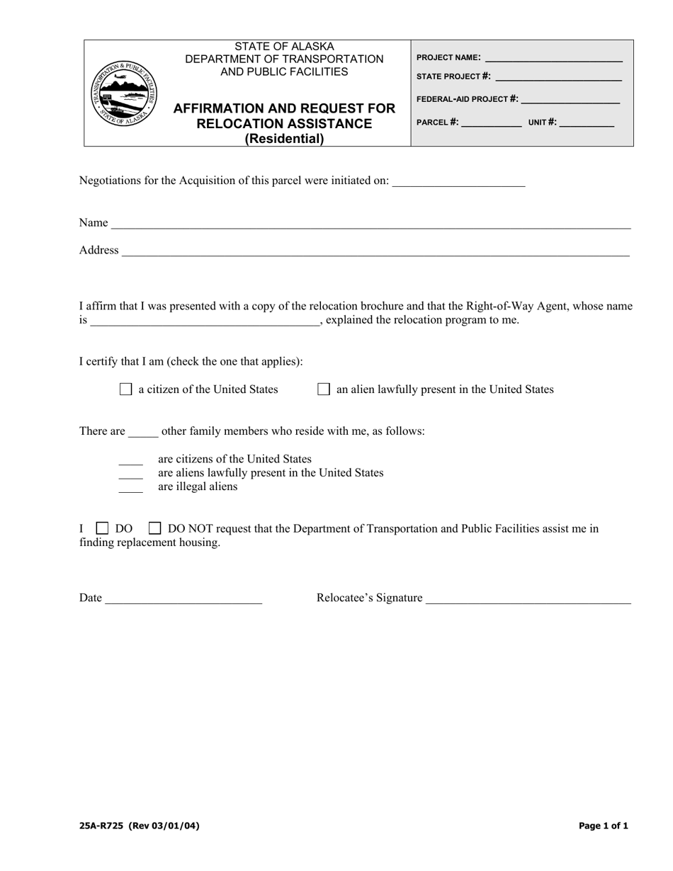 Form 25A-R725 Affirmation and Request for Relocation Assistance (Residential) - Alaska, Page 1