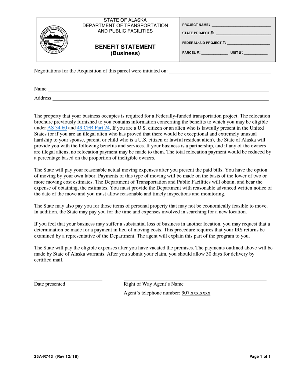 Form 25A-R743 Benefit Statement (Business) - Alaska, Page 1