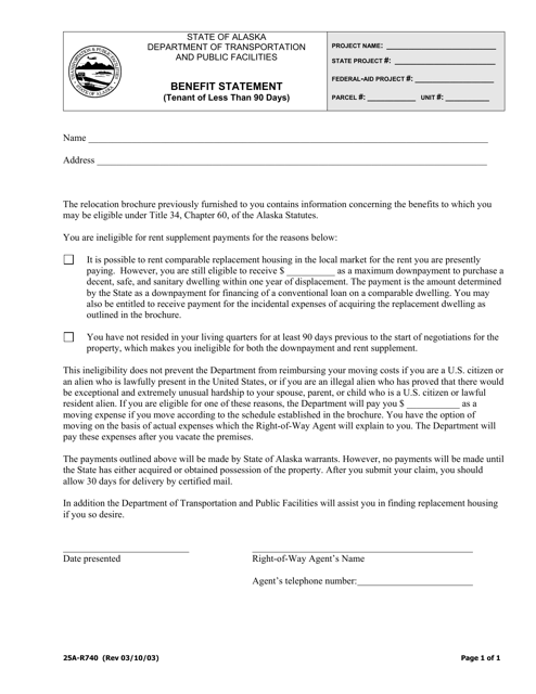 Form 25A-R740 Benefit Statement (Tenant of Less Than 90 Days) - Alaska