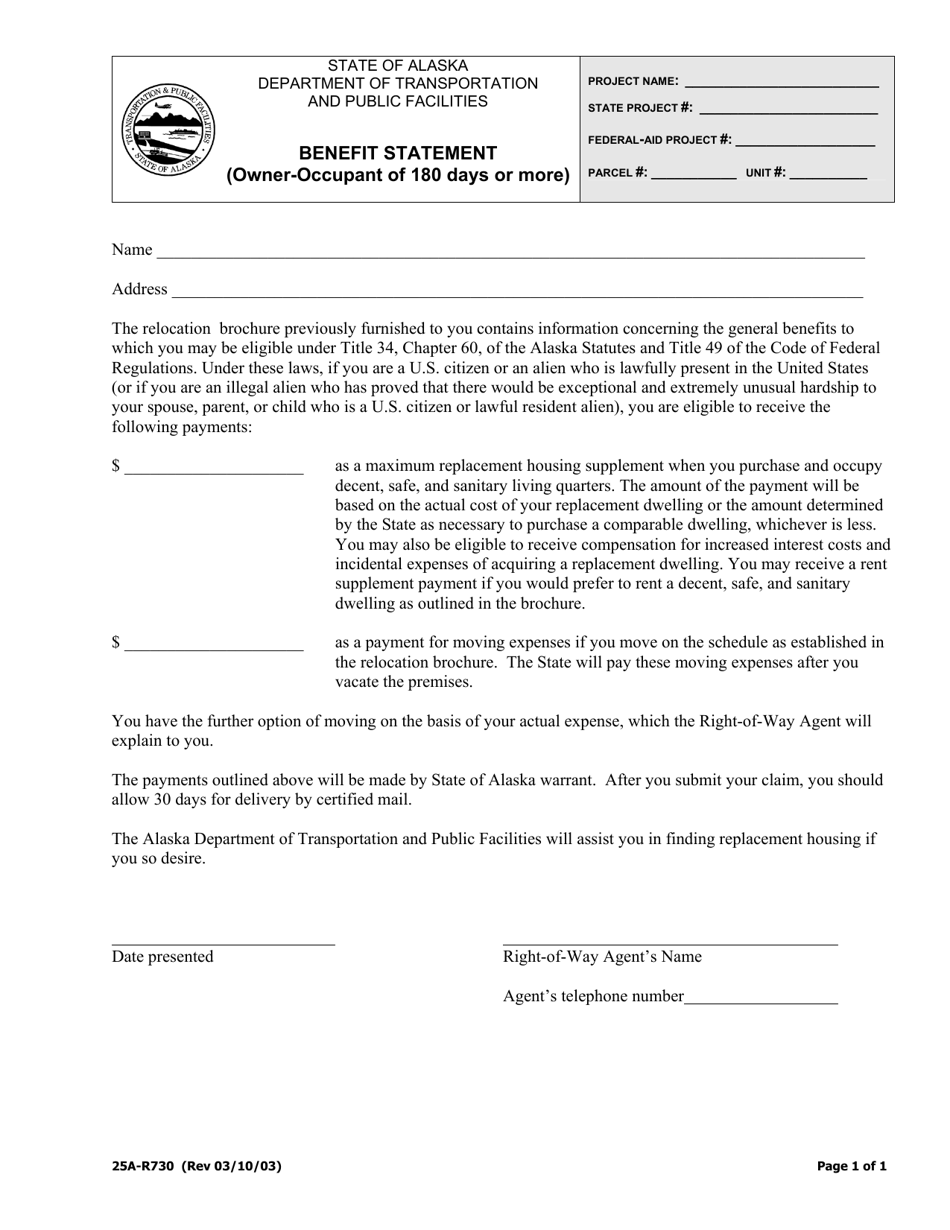 Form 25A-R730 Benefit Statement (Owner-Occupant of 180 Days or More) - Alaska, Page 1