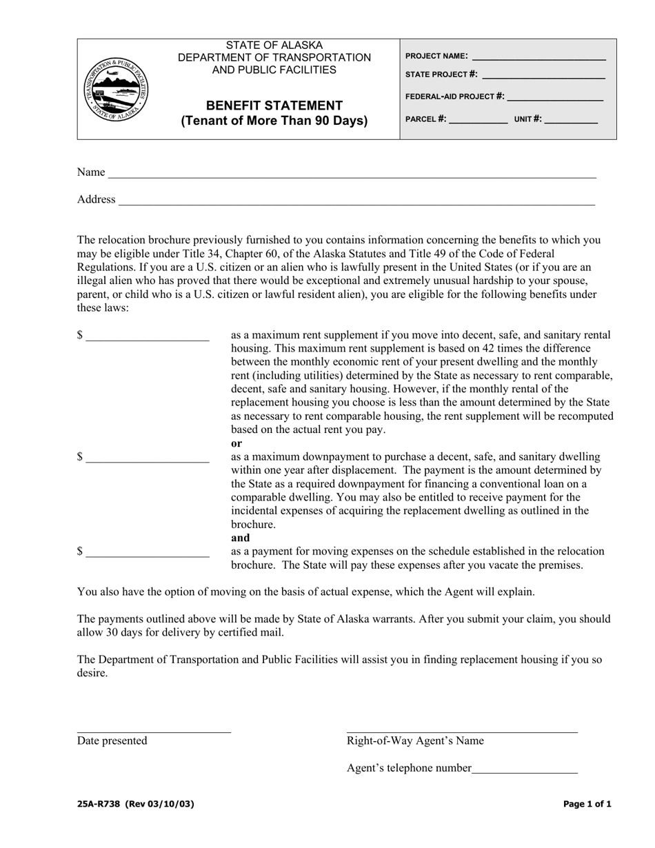 Form 25A-R738 Benefit Statement (Tenant of More Than 90 Days) - Alaska, Page 1