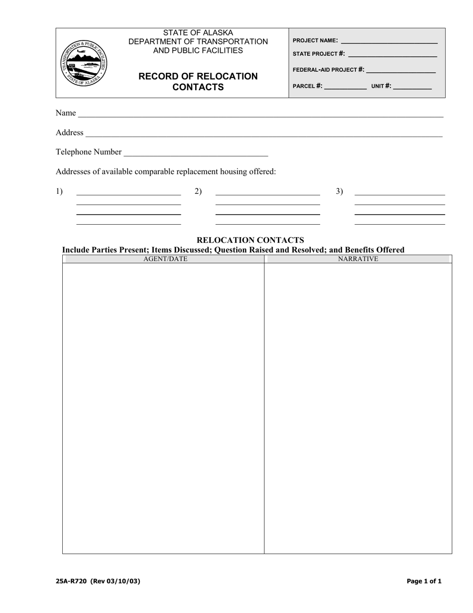 Form 25A-R720 Record of Relocation Contacts - Alaska, Page 1
