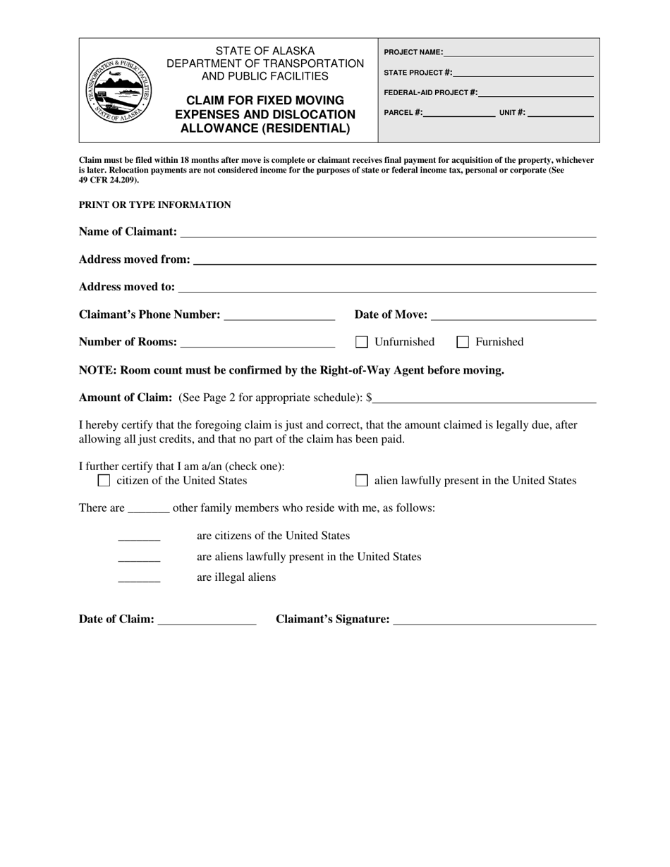 Form 25A-R753 Claim for Fixed Moving Expenses and Dislocation Allowance (Residential) - Alaska, Page 1