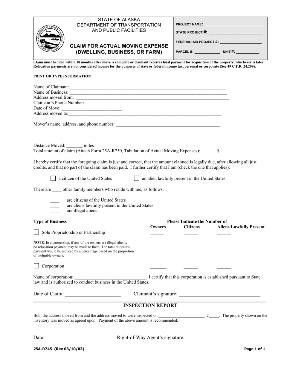 Form 25A-R745 Claim for Actual Moving Expense (Dwelling, Business, or Farm) - Alaska, Page 1