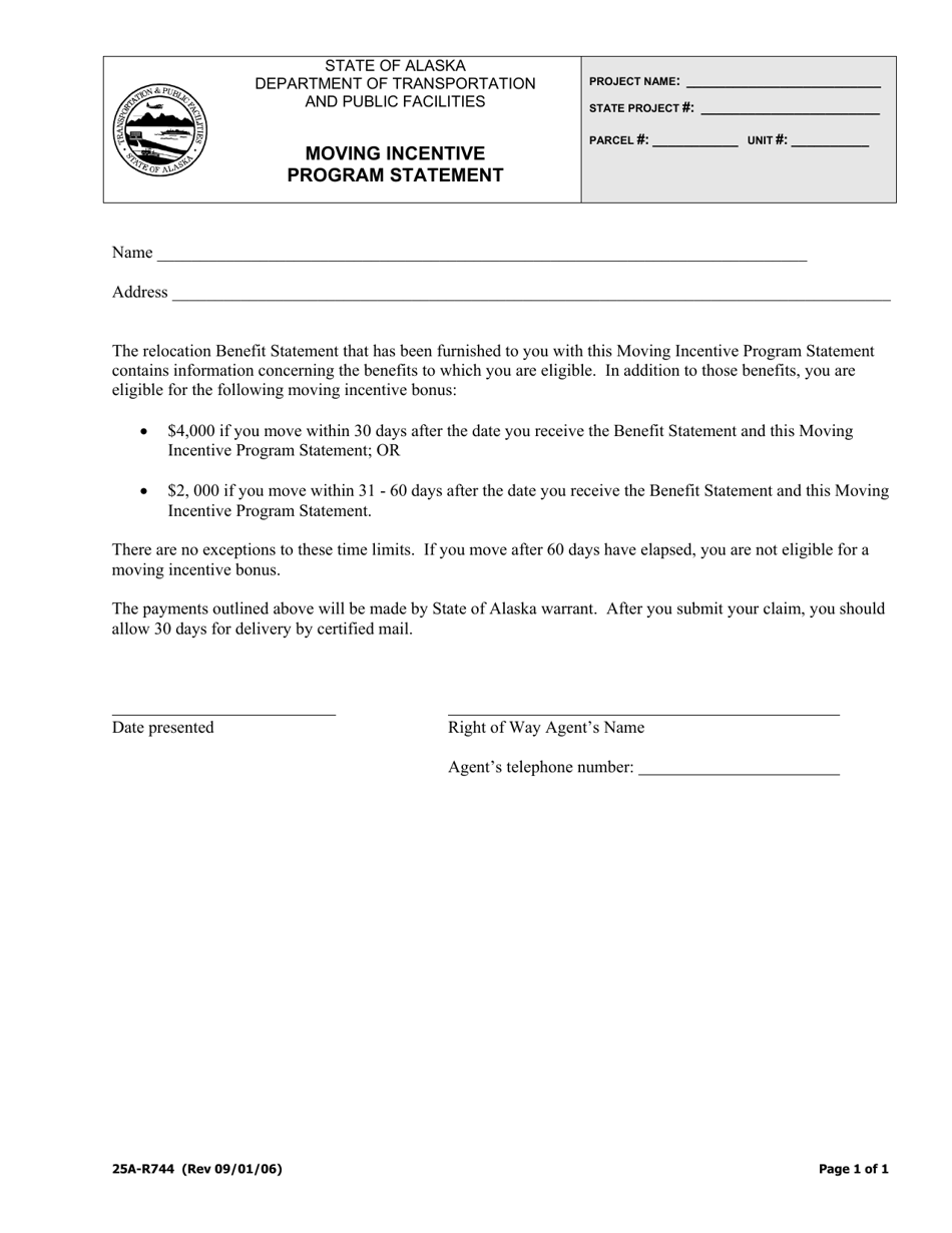 Form 25A-R744 Moving Incentive Program Statement - Alaska, Page 1