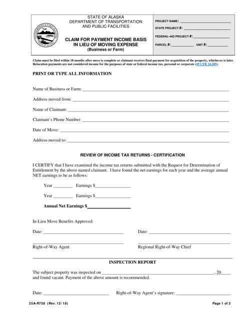 Form 25A-R758 Claim for Payment Income Basis in Lieu of Moving Expense (Business or Farm) - Alaska