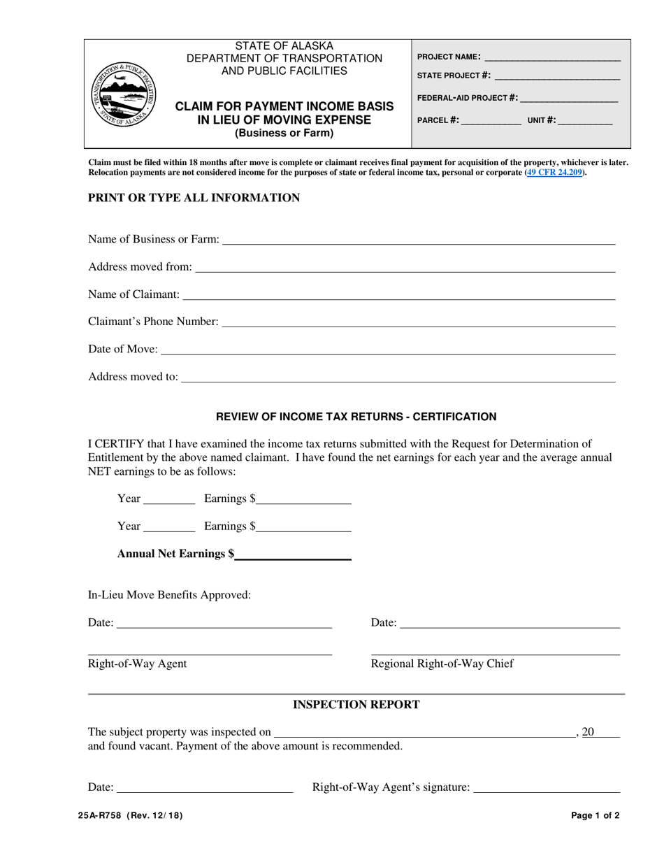 Form 25A-R758 Claim for Payment Income Basis in Lieu of Moving Expense (Business or Farm) - Alaska, Page 1