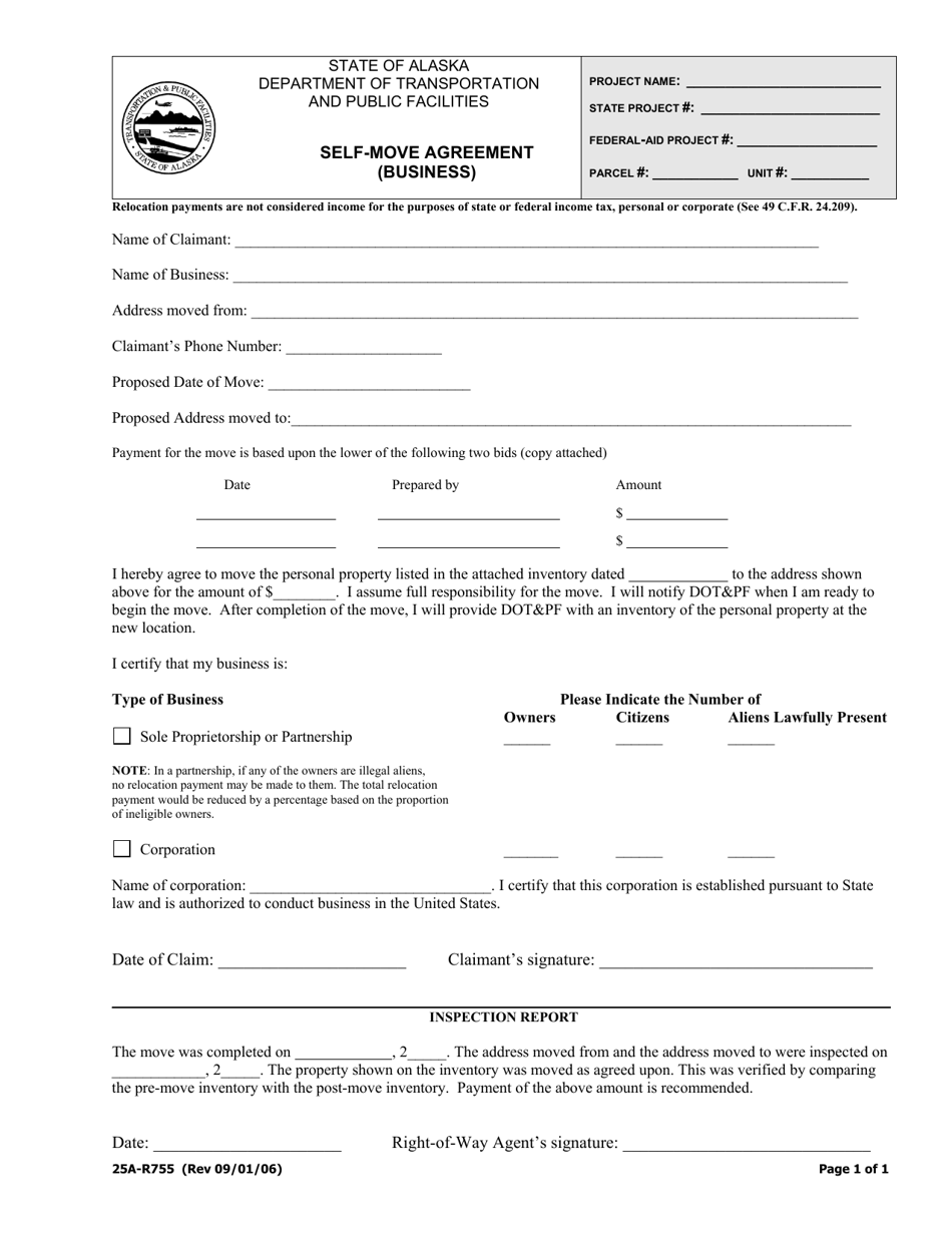 Form 25A-R755 Self-move Agreement (Business) - Alaska, Page 1