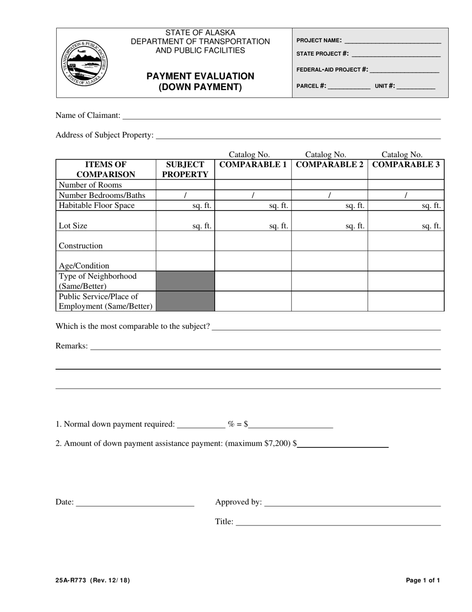 Form 25A-R773 Payment Evaluation (Down Payment) - Alaska, Page 1