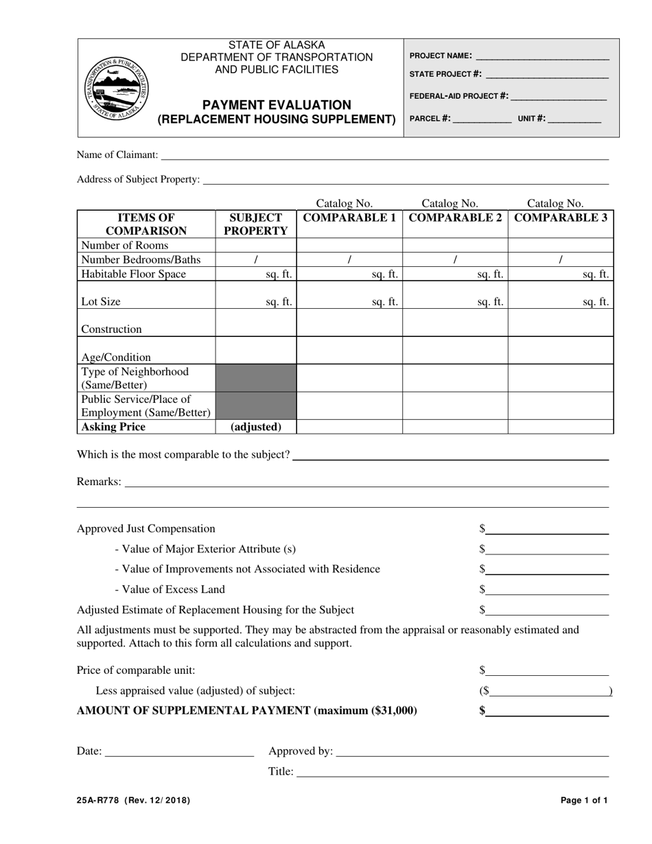 Form 25A-R778 Payment Evaluation (Replacement Housing Supplement) - Alaska, Page 1