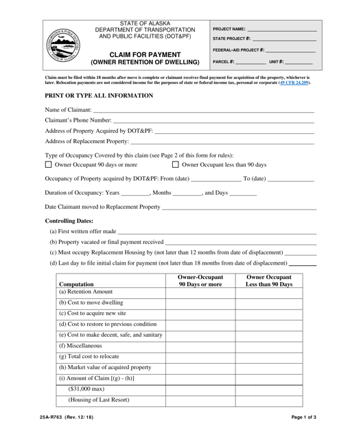 Form 25A-R763 Claim for Payment (Owner Retention of Dwelling) - Alaska