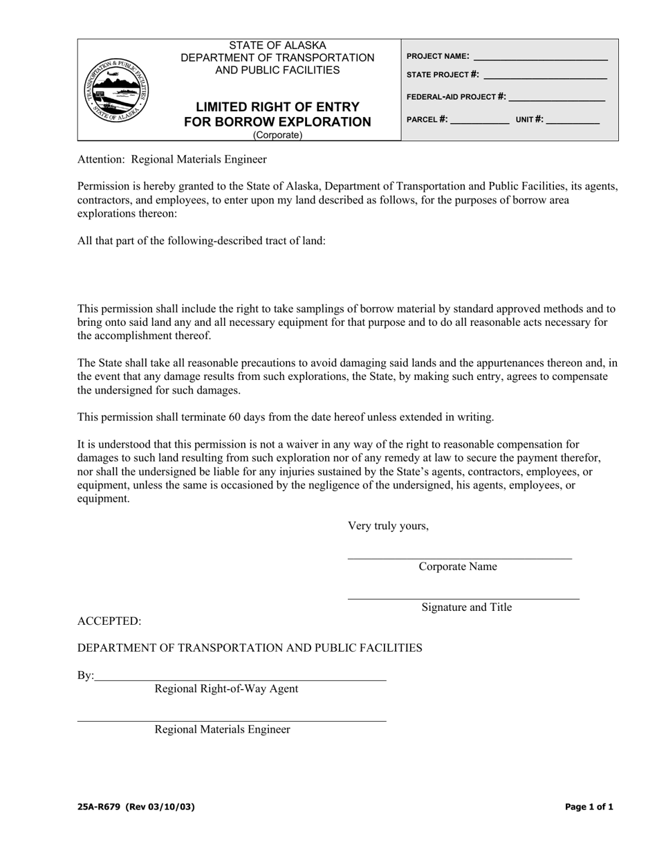 Form 25A-R679 Limited Right of Entry for Borrow Exploration (Corporate) - Alaska, Page 1