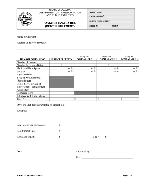 Form 25A-R768 Payment Evaluation (Rent Supplement) - Alaska