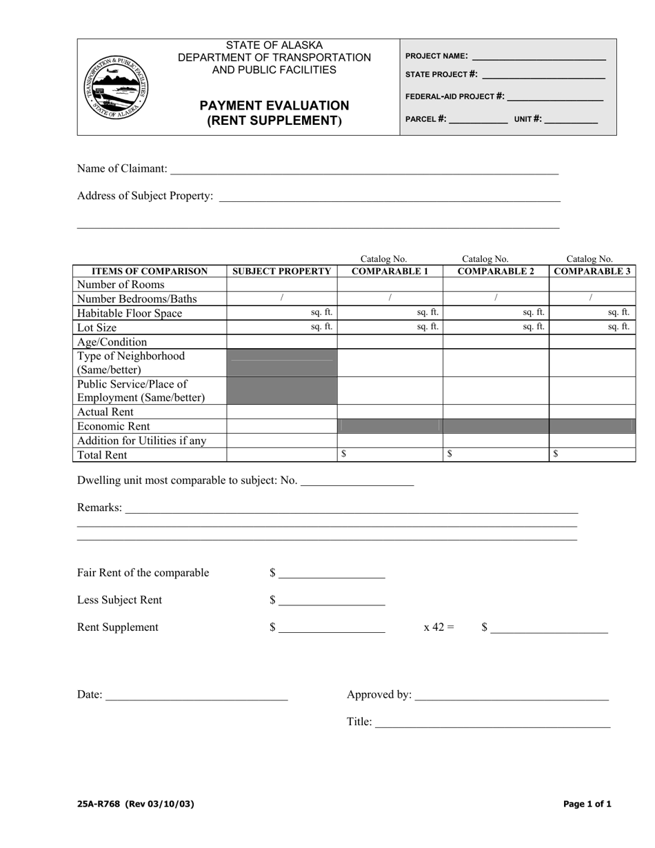 Form 25A-R768 Payment Evaluation (Rent Supplement) - Alaska, Page 1